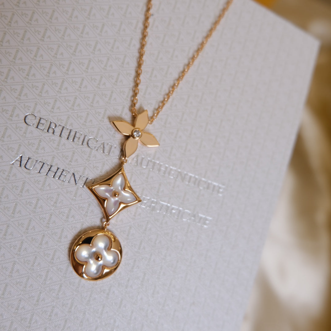 [Perla Lux]COLOR BLOSSOM LARIAT NECKLACE PINK GOLD WHITE MOTHER PEARL AND DIAMOND