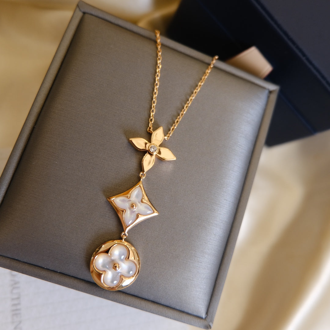 [Perla Lux]COLOR BLOSSOM LARIAT NECKLACE PINK GOLD WHITE MOTHER PEARL AND DIAMOND