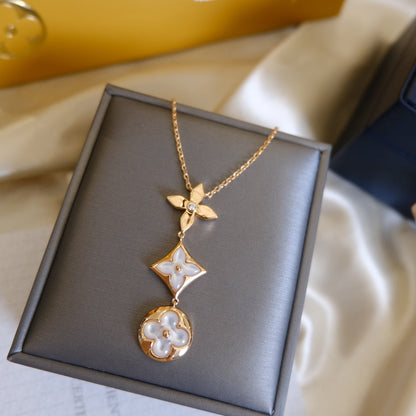 [Perla Lux]COLOR BLOSSOM LARIAT NECKLACE PINK GOLD WHITE MOTHER PEARL AND DIAMOND