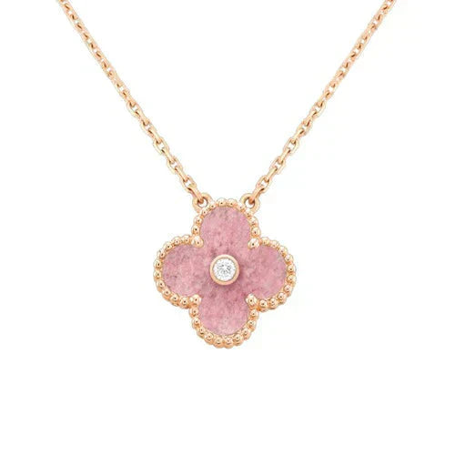[Perla Lux]CLOVER 15MM DIAMOND RHODONITE NECKLACE