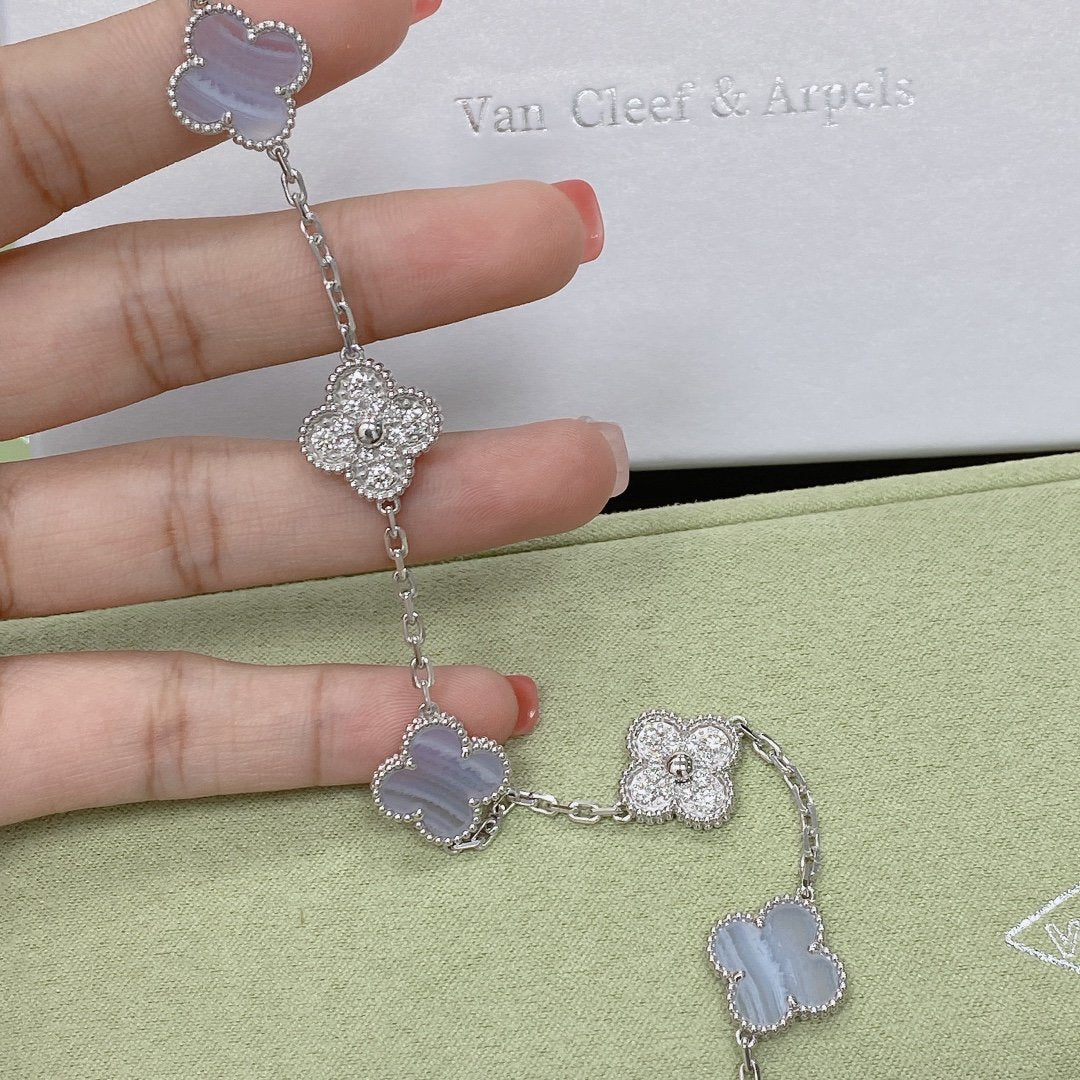 [Perla Lux]CLOVER  5 MOTIF DIAMOND PURPLE CHALCEDONY BRACELET SILVER
