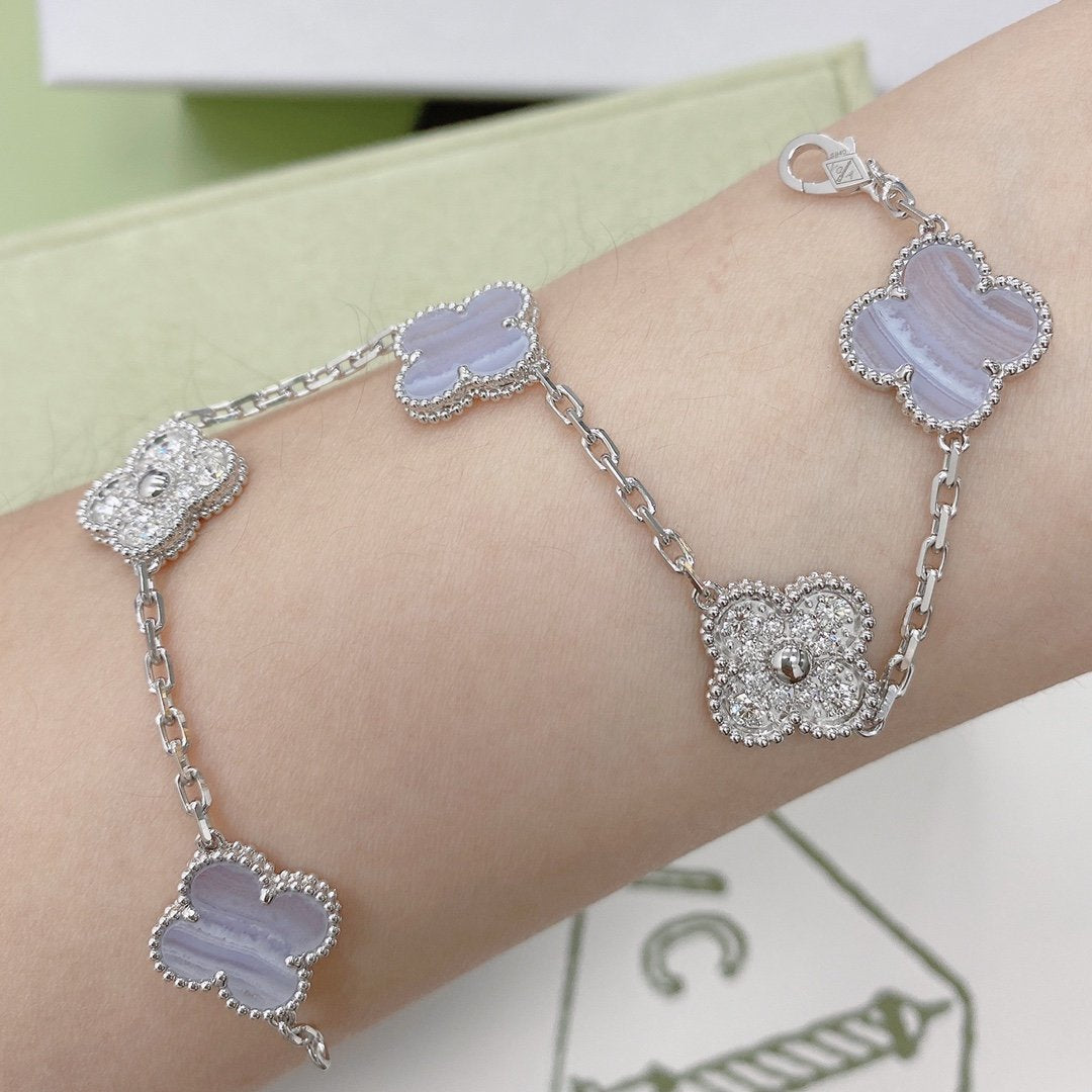 [Perla Lux]CLOVER  5 MOTIF DIAMOND PURPLE CHALCEDONY BRACELET SILVER