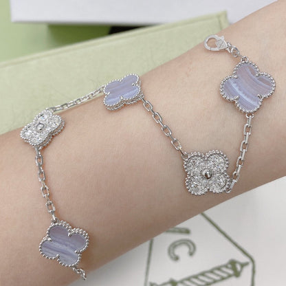 [Perla Lux]CLOVER  5 MOTIF DIAMOND PURPLE CHALCEDONY BRACELET SILVER