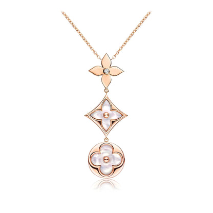 [Perla Lux]COLOR BLOSSOM LARIAT NECKLACE PINK GOLD WHITE MOTHER PEARL AND DIAMOND