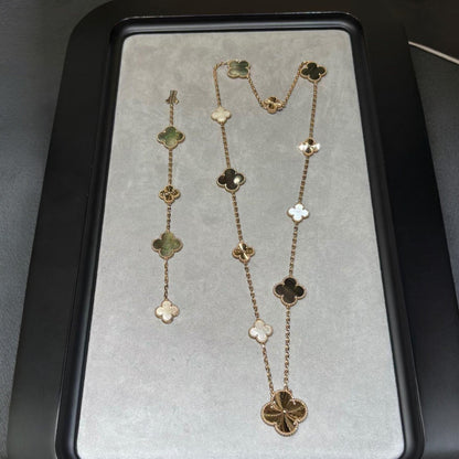 [Perla Lux]DETACHABLE CLOVER 15(11+4) FLOWER ROSE GOLD NECKLACE SET