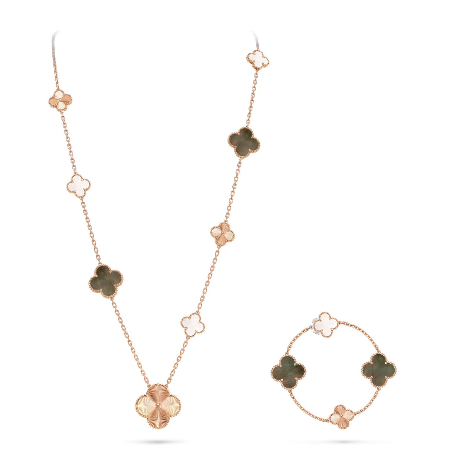 [Perla Lux]DETACHABLE CLOVER 15(11+4) FLOWER ROSE GOLD NECKLACE SET