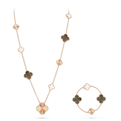 [Perla Lux]DETACHABLE CLOVER 15(11+4) FLOWER ROSE GOLD NECKLACE SET