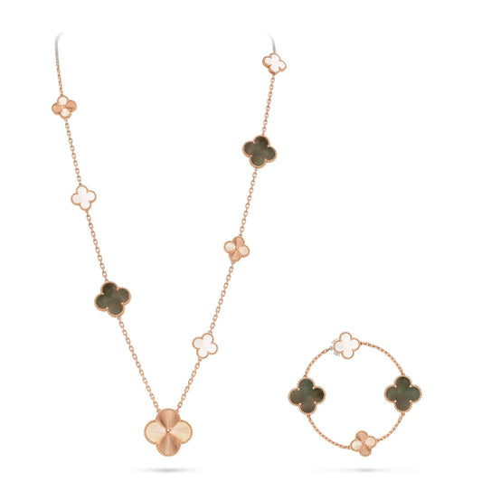 [Perla Lux]DETACHABLE CLOVER 15(11+4) FLOWER ROSE GOLD NECKLACE SET