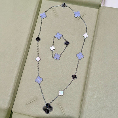 [Perla Lux]DETACHABLE CLOVER 15(11+4) FLOWER SILVER NECKLACE SET