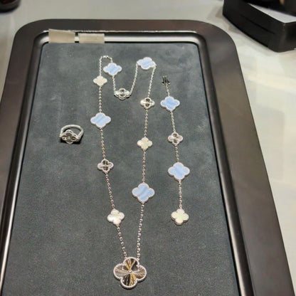 [Perla Lux]DETACHABLE CLOVER 15(11+4) FLOWER SILVER NECKLACE SET