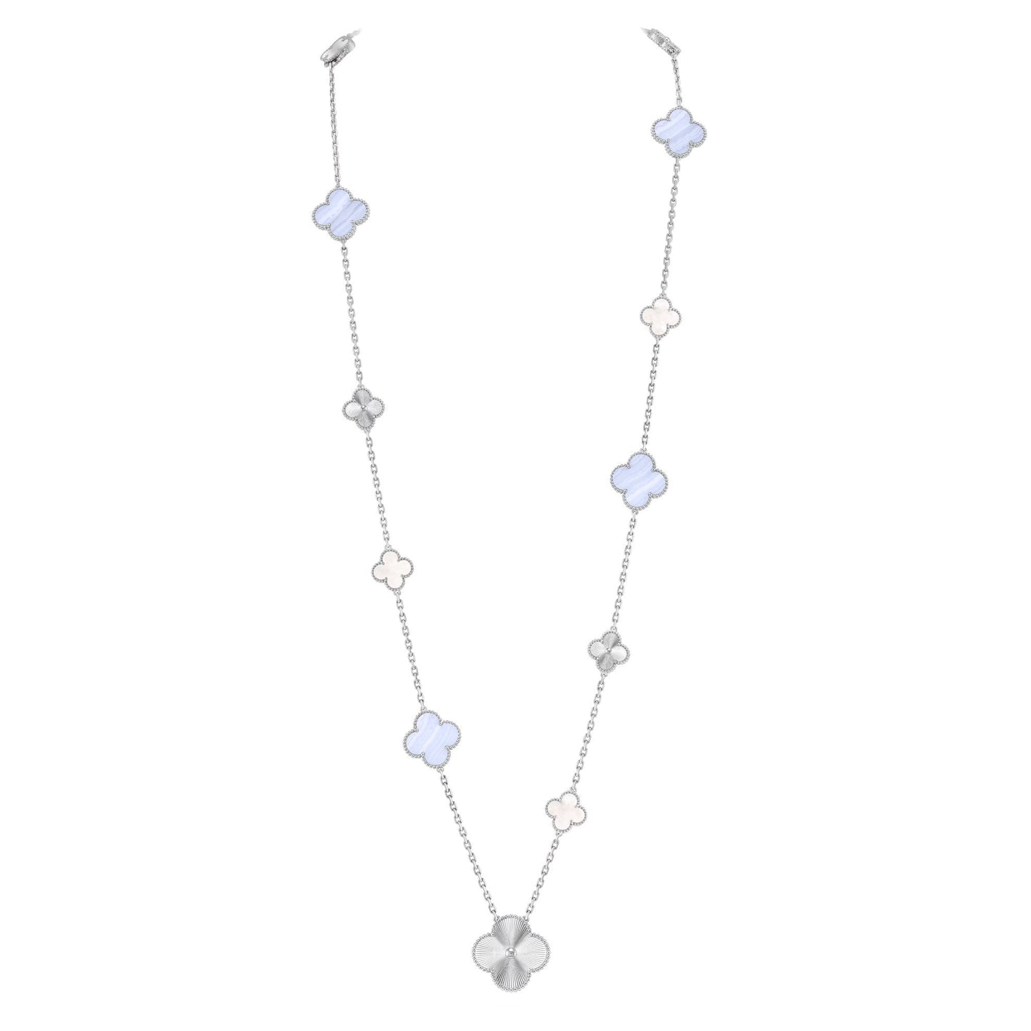 [Perla Lux]DETACHABLE CLOVER 15(11+4) FLOWER SILVER NECKLACE SET