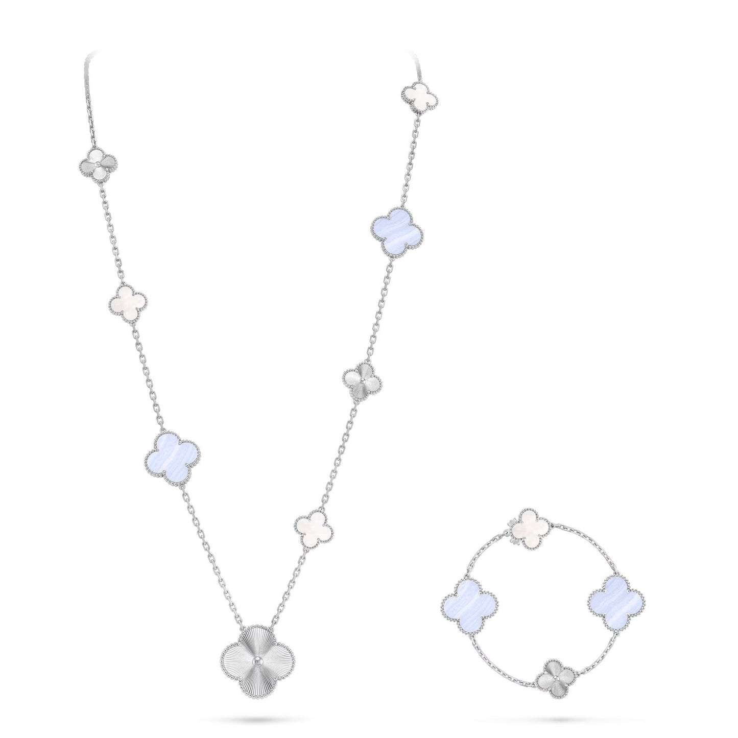 [Perla Lux]DETACHABLE CLOVER 15(11+4) FLOWER SILVER NECKLACE SET