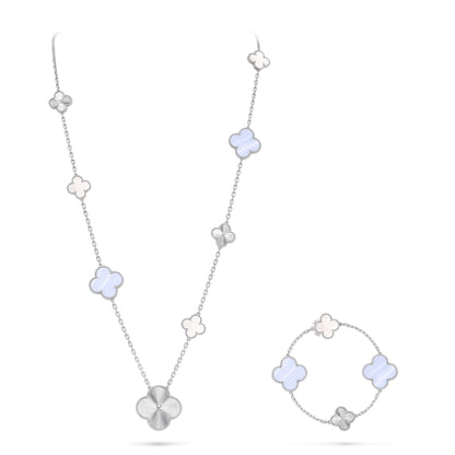 [Perla Lux]DETACHABLE CLOVER 15(11+4) FLOWER SILVER NECKLACE SET