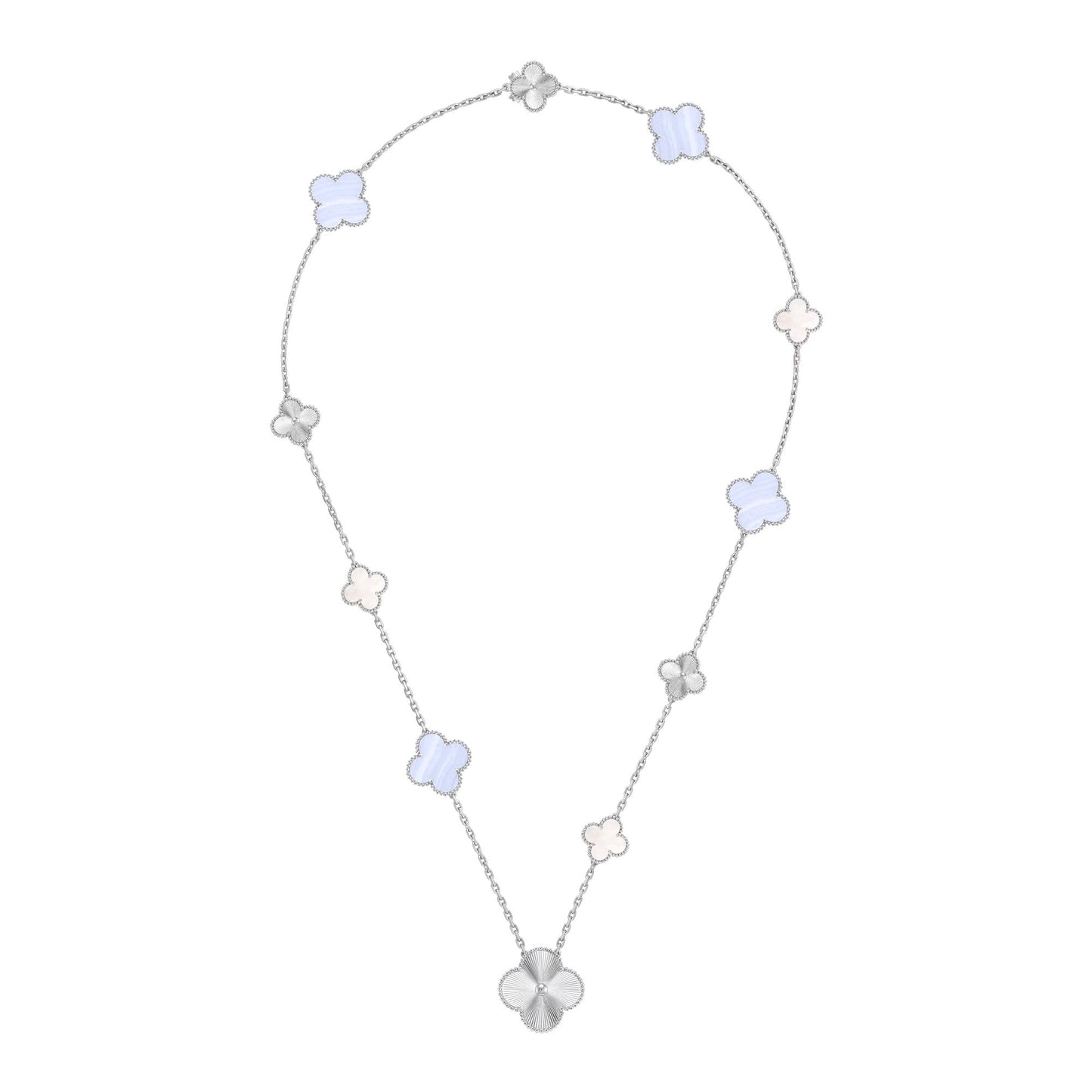 [Perla Lux]DETACHABLE CLOVER 15(11+4) FLOWER SILVER NECKLACE SET