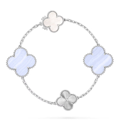 [Perla Lux]DETACHABLE CLOVER 15(11+4) FLOWER SILVER NECKLACE SET