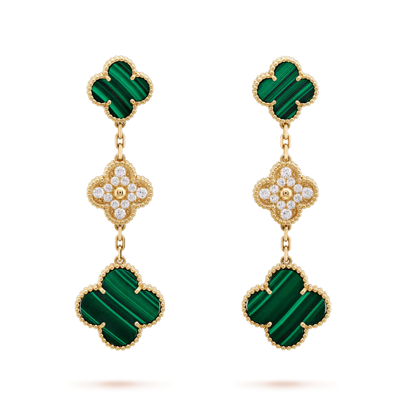 [Perla Lux]CLOVER EARRINGS GOLD MALACHITE DIAMOND 3 MOTIF