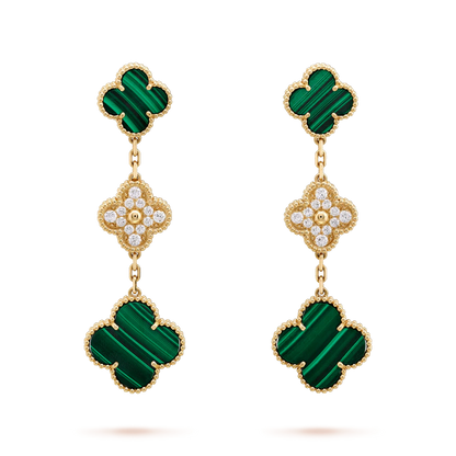 [Perla Lux]CLOVER EARRINGS GOLD MALACHITE DIAMOND 3 MOTIF