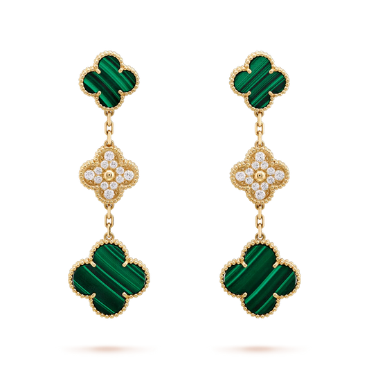 [Perla Lux]CLOVER EARRINGS GOLD MALACHITE DIAMOND 3 MOTIF
