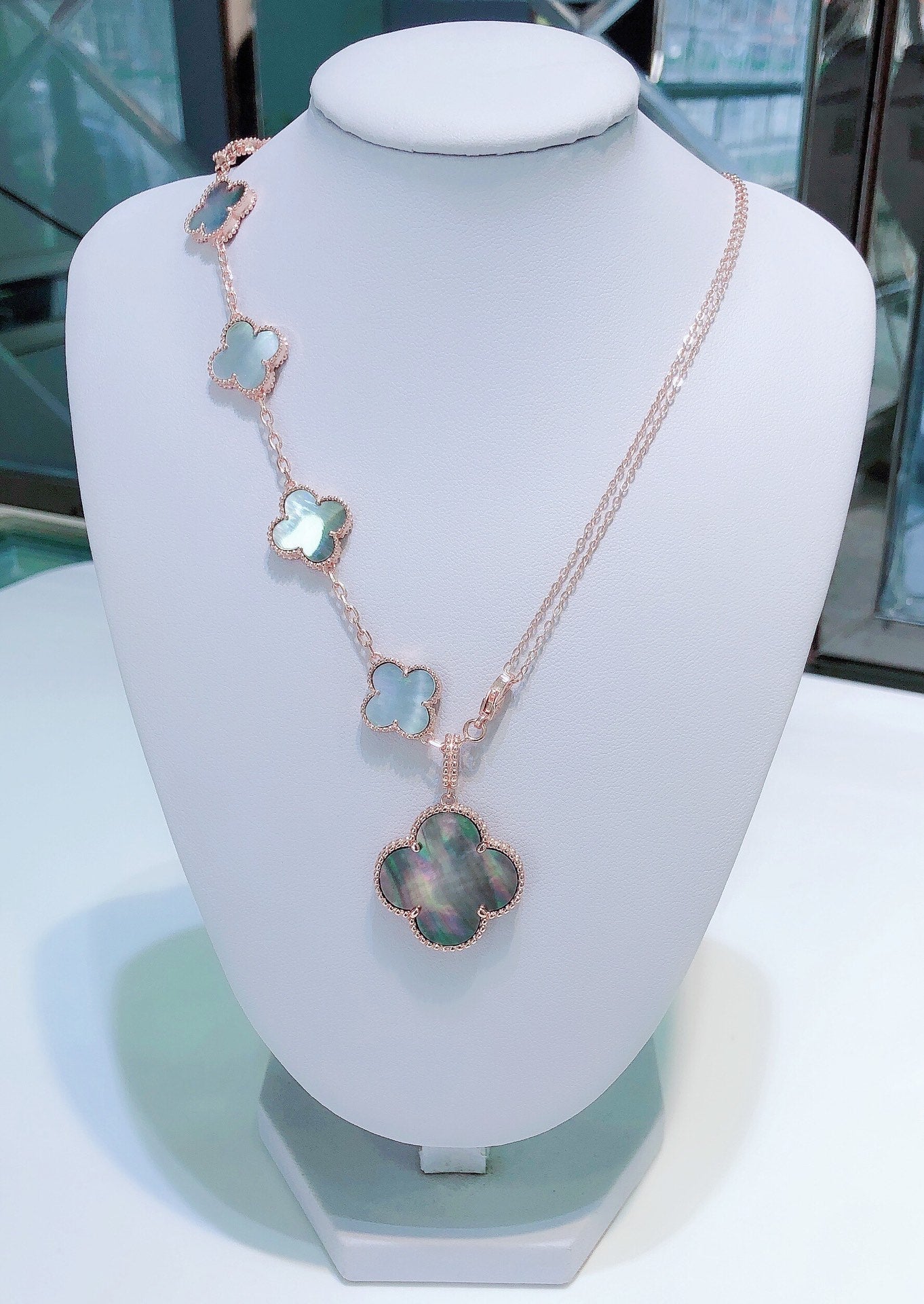 [Perla Lux]COMBINED BRACELET 5 MOTIFS AND NECKLACE DARK MOP ROSE GOLD