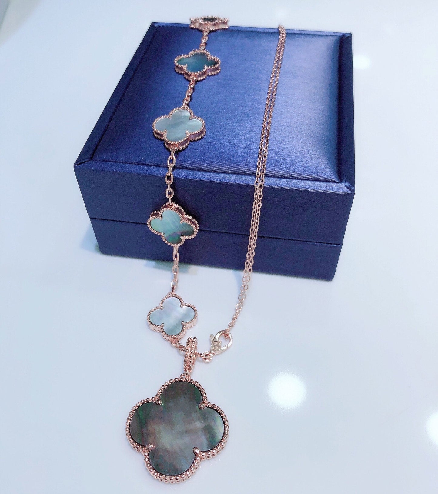 [Perla Lux]COMBINED BRACELET 5 MOTIFS AND NECKLACE DARK MOP ROSE GOLD
