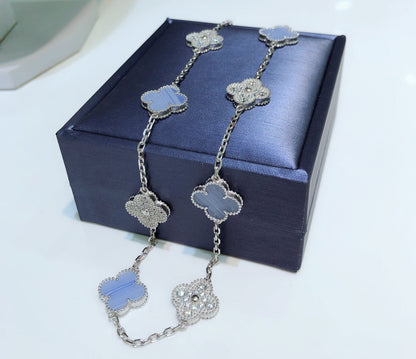 [Perla Lux]CLOVER 10 MOTIFS CHALCEDONY DIAMONDS SILVER NECKLACE