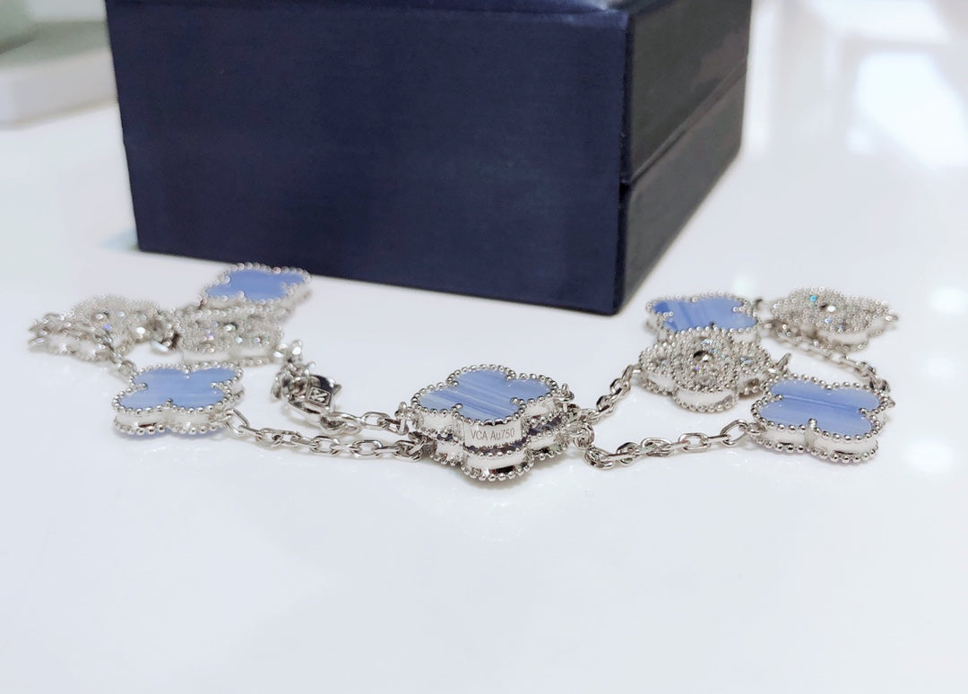 [Perla Lux]CLOVER 10 MOTIFS CHALCEDONY DIAMONDS SILVER NECKLACE