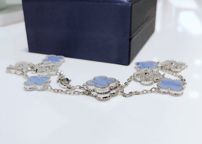 [Perla Lux]CLOVER 10 MOTIFS CHALCEDONY DIAMONDS SILVER NECKLACE