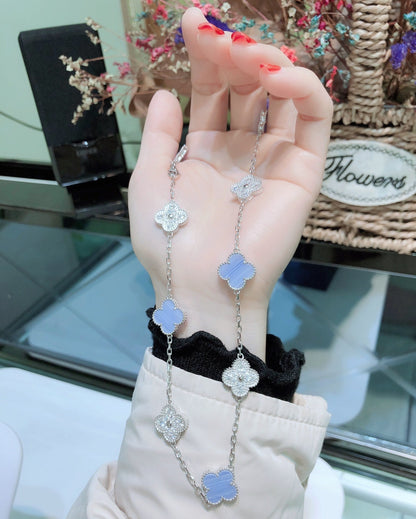 [Perla Lux]CLOVER 10 MOTIFS CHALCEDONY DIAMONDS SILVER NECKLACE