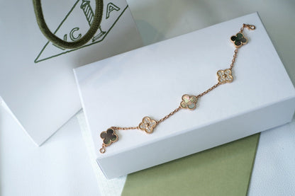 [Perla Lux]CLOVER 5 MOTIFS DARK MOP AND DIAMONDS PINK GOLD BRACELET