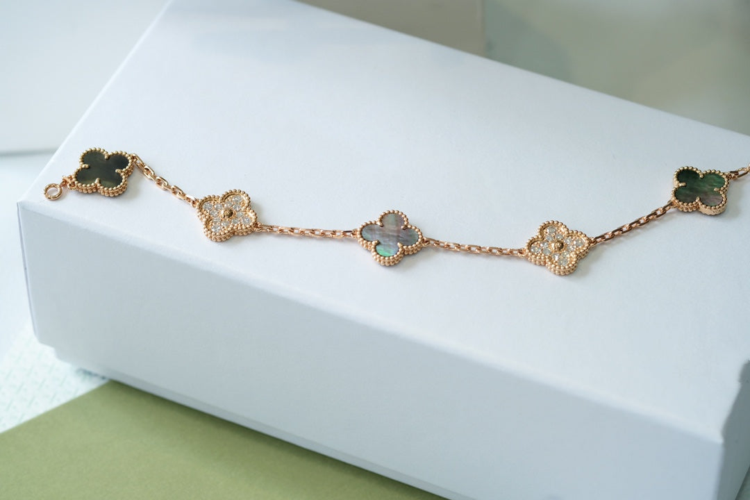[Perla Lux]CLOVER 5 MOTIFS DARK MOP AND DIAMONDS PINK GOLD BRACELET