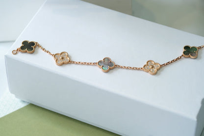 [Perla Lux]CLOVER 5 MOTIFS DARK MOP AND DIAMONDS PINK GOLD BRACELET