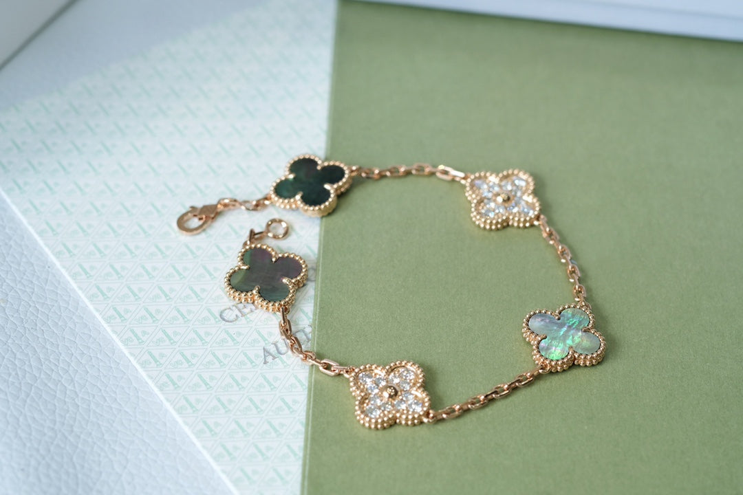 [Perla Lux]CLOVER 5 MOTIFS DARK MOP AND DIAMONDS PINK GOLD BRACELET