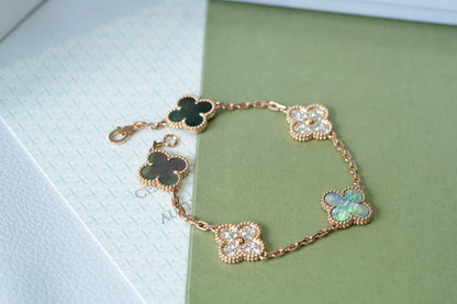 [Perla Lux]CLOVER 5 MOTIFS DARK MOP AND DIAMONDS PINK GOLD BRACELET