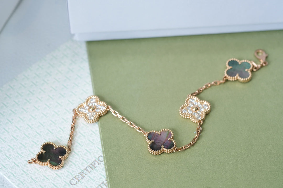 [Perla Lux]CLOVER 5 MOTIFS DARK MOP AND DIAMONDS PINK GOLD BRACELET
