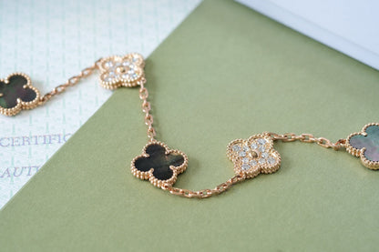 [Perla Lux]CLOVER 5 MOTIFS DARK MOP AND DIAMONDS PINK GOLD BRACELET