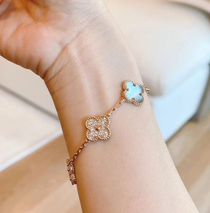 [Perla Lux]CLOVER 5 MOTIFS DARK MOP AND DIAMONDS PINK GOLD BRACELET